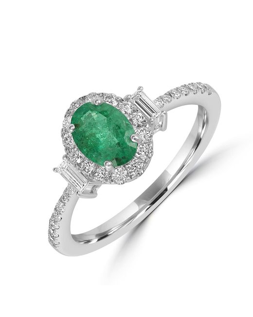 Artisan Green Oval Emerald Halo Ring With Baguette Side Stones