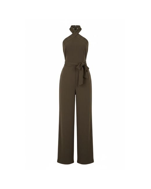 Yumi' Brown Cross Over Halter Neck Jumpsuit