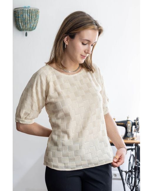 Stovaria Natural Pure Textured Georgette Top With Woven Grid Pattern