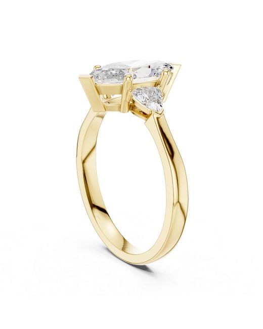 Aya Fine Jewelry Metallic Handcrafted Marquise Cut Three Stone Lab Diamond Engagement Ring With Trillion Side Stones