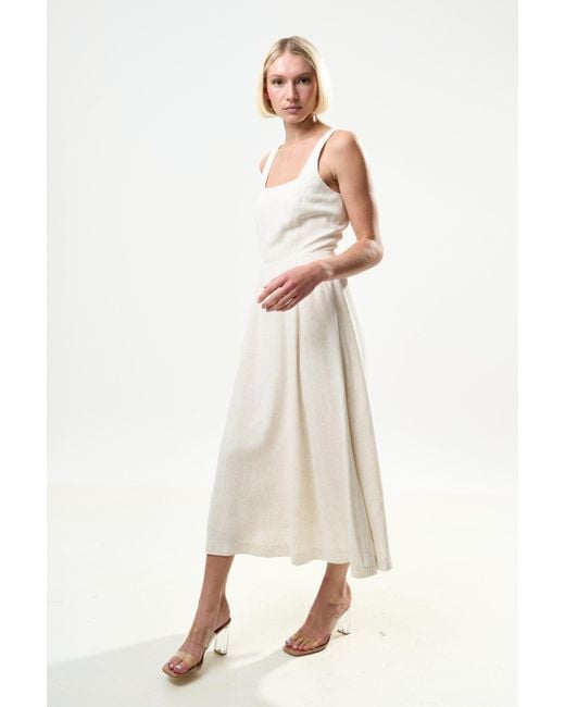 Louche White Baya Linen Mix Square Neck Midi Dress