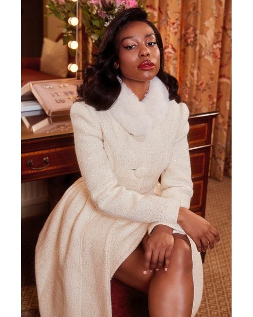 Santinni Natural Starlet Wool Tweed Dress Coat With Faux Fur