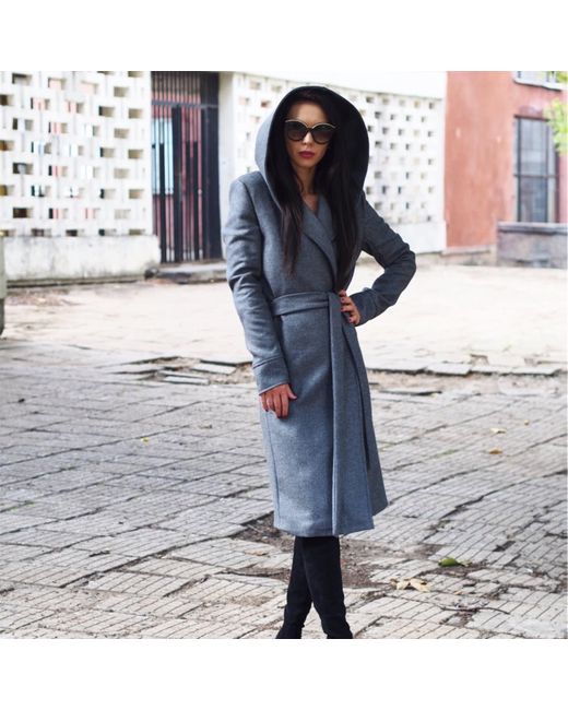 Adrenaline Fashion Blue Long Wool Coat With Hood And Belt – Handmade Designer Winter Overcoat