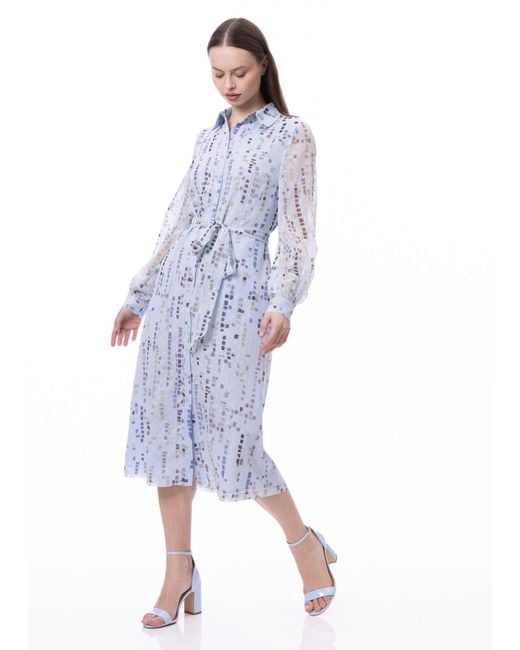 Carloslines Blue Button Down Shirt Dress With Illusion Puff Long Sleeve & Pockets