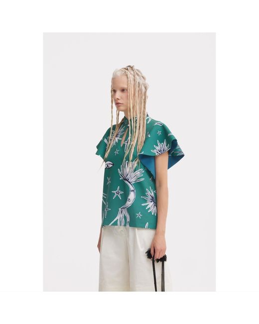 Julia Allert Green Stand Collar Ruffle Sleeve Blouse – Celestial Print