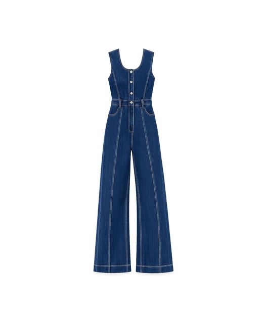 Yumi' Blue Denim Stretch Fitted Jumpsuit