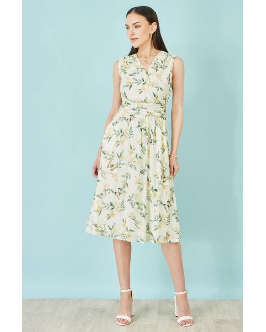 Yumi' Metallic Floral Print Mesh Stretch Midi Dress With Pockets