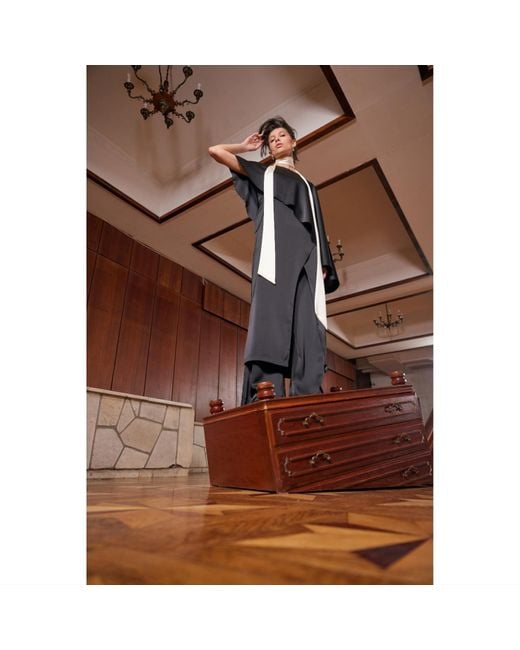 Julia Allert Black Structured Satin Cape Dress With Contrast Scarf