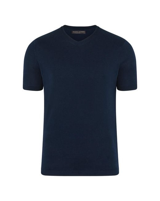 Paul James Knitwear Blue Superfine Mercerised Cotton Adriano V Neck Knitted T-Shirt for men
