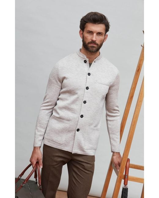 Paul James Knitwear Gray Neutrals Extra Fine Merino Wool Alonzo Knitted Nehru Jacket for men