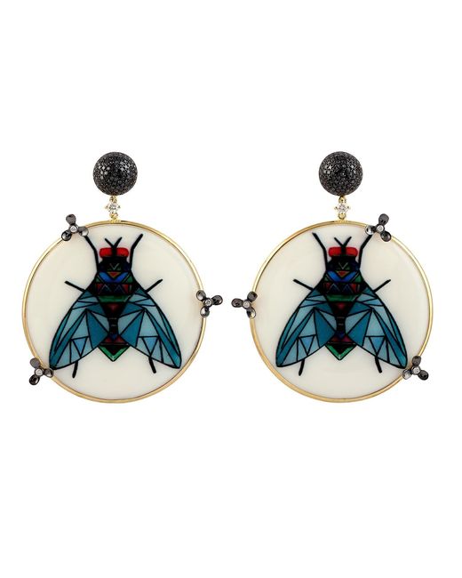 Artisan Blue 18k Yellow Gold Diamond Dangle Earrings Picture Enamel Jewelry