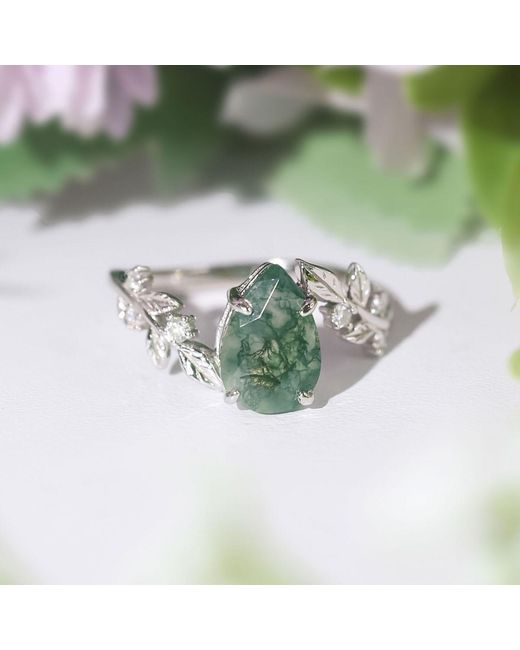 Azura Jewelry New York Green Between The Leaf Pear Moss Agate Ring Vermeil