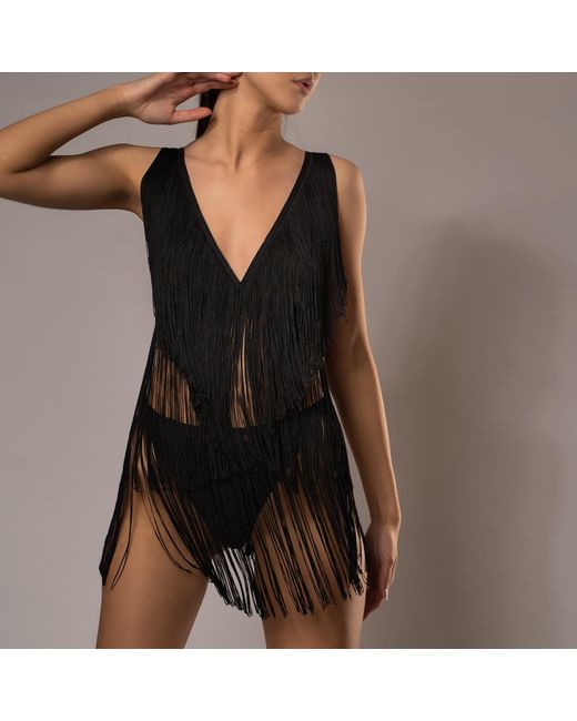 Belle -et-BonBon Black Fringe Tassel Top And Skirt Set With High Waisted Knicker