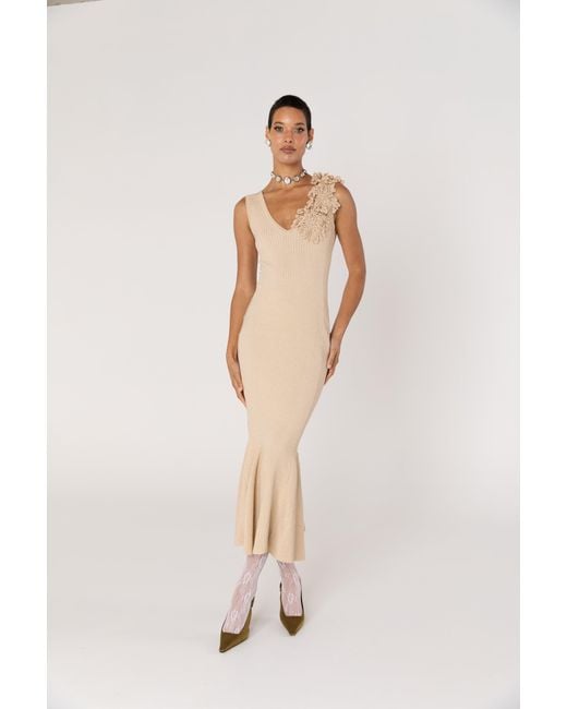 Andreeva Natural Neutrals Chrysanthemum Metallic Knit Dress With Handmade Emroidery