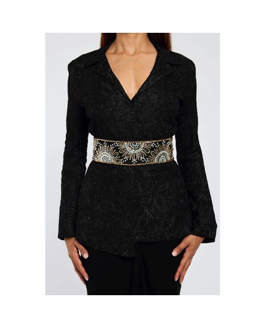 International Appeal Black Paisley Blazer With Embellished Waisted Belt