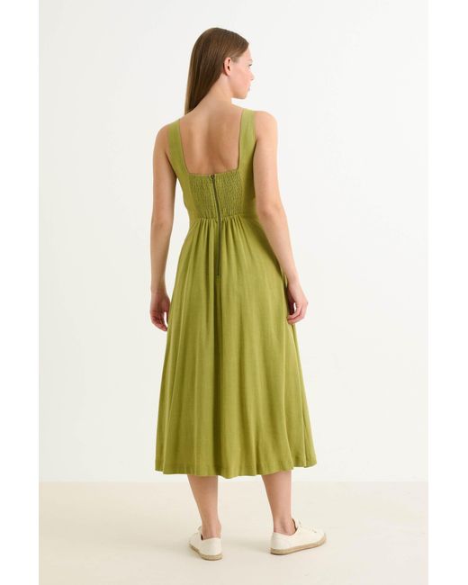 Louche Green Baya Linen Mix Square Neck Midi Dress