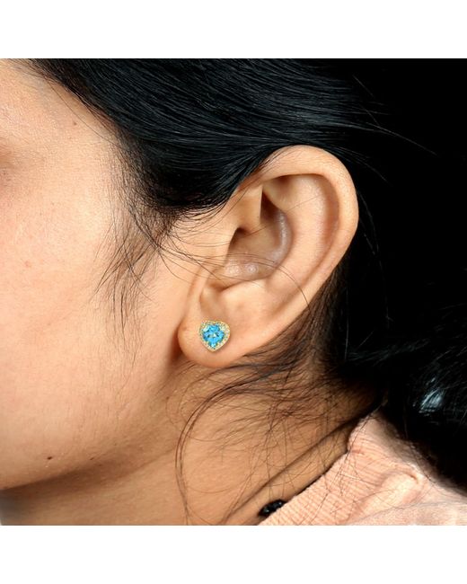 Artisan Metallic Heart Shape Design Blue Topaz & Diamond In 14k Solid Gold Stud Earrings