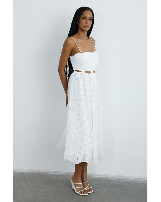Rue Les Createurs White Thin Strap Midi Flared Dress