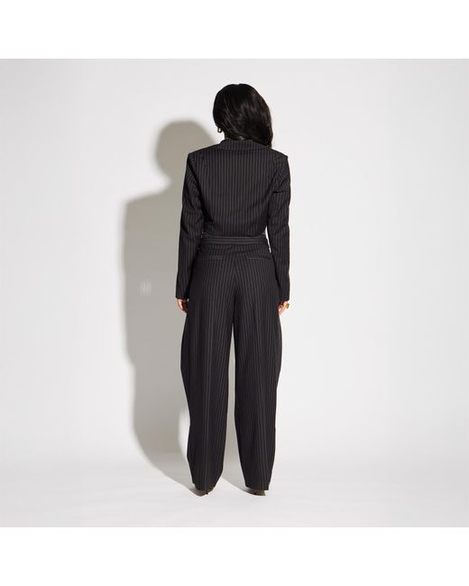 Circular Path Black Asymmetric Crop Pinstripe Blazer