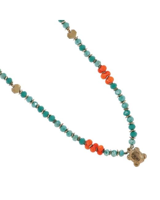 Ebru Jewelry Blue Turtle Blessing Crystal & Coral Beaded Necklace