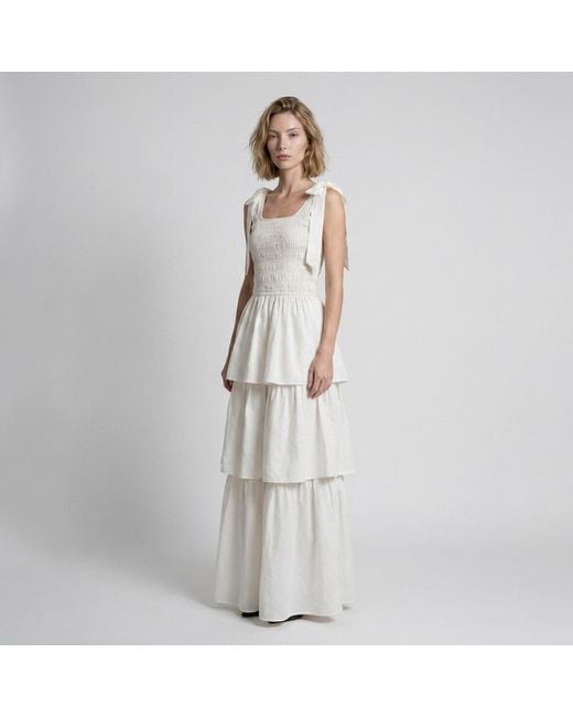 Modenaire White Smocked Midi Dress Tiered Form