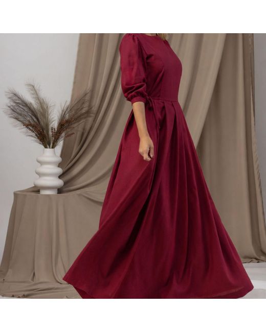 Nikka Place Red Long Linen Formal Dress With Bracelet Sleeves