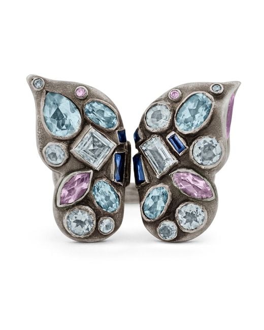 Snake Bones Metallic Butterfly Ring With Gemstones