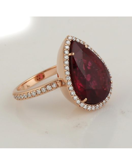 Artisan Red 18k Rose Gold In Pear Cut Tourmaline & Pave Diamond Designer Cocktail Ring