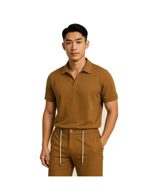 DAVID WEJ Brown Enzo Cotton V-Neck Polo for men