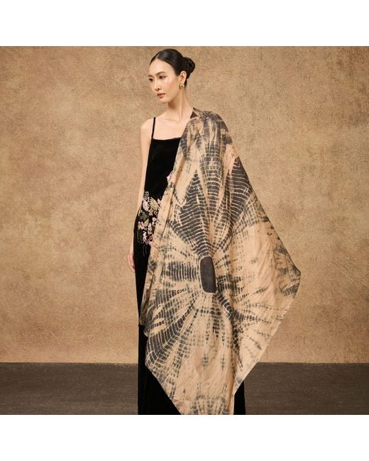 Silk and Bears Metallic Natural Sand & Charcoal Burst Habotai Silk Scarf – Hand-Dyed Mulberry Silk