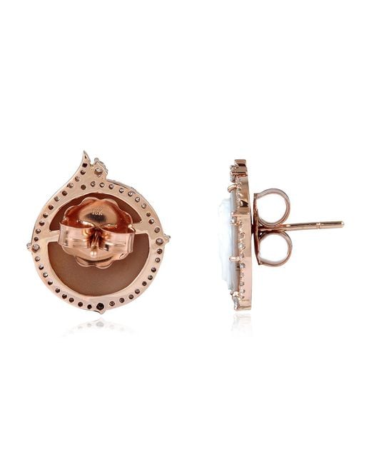 Artisan Metallic Natural Shell Cameo Stud Earrings 18k Rose Gold Diamond Jewelry