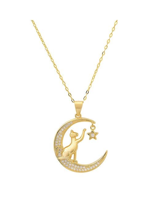 Kylie Harper Metallic Playful Kitty Cat Diamond Cz Moon Pendant Necklace