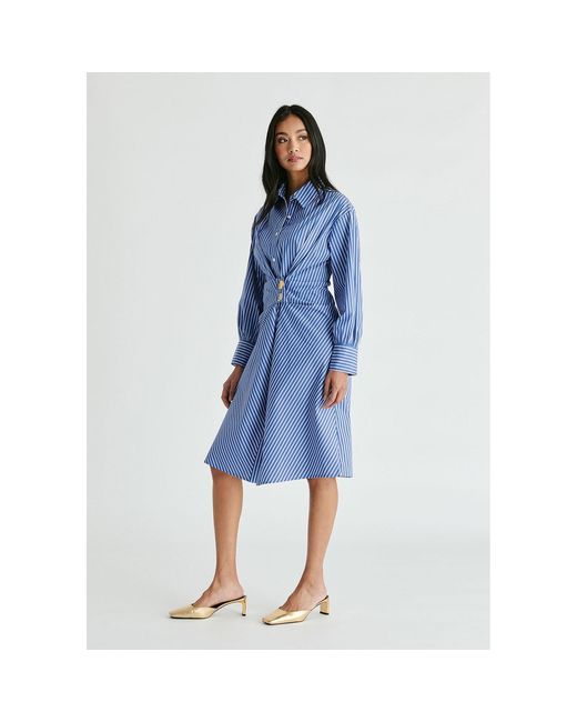Paisie Blue Asymmetric Striped Shirt Dress With Button Detail