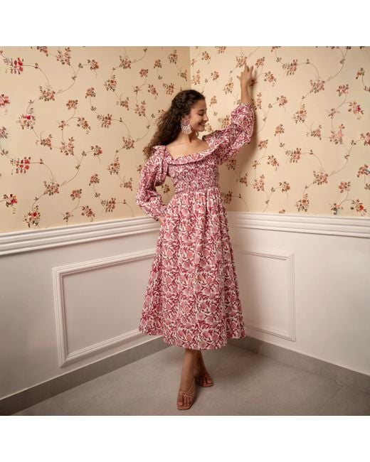 Echo of Pink Pink Portia Smoked Hand Block Print Cotton Floral Midi Dress