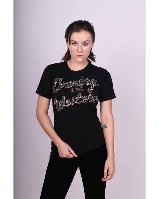 Any Old Iron Black Metallic Beaded Country & Western T-Shirt