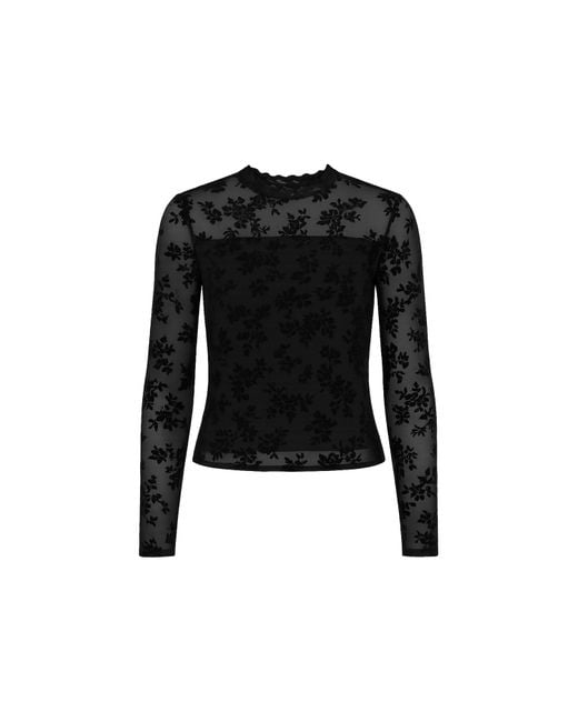 Yumi' Black Flocked Floral Stretch Mesh Top With Long Sleeves