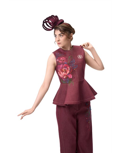 Rondooz Red Hand Painted Denim Peplum Top With Hand Applied Embellishment