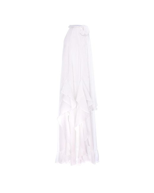 concept A trois White Long Dress With Deep Slits And Ruffles