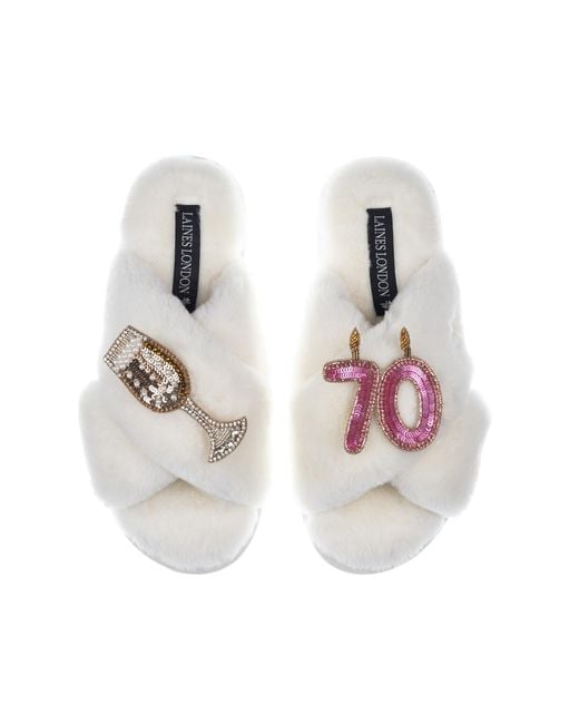 Laines London White Classic Laines Slippers With 70Th Birthday & Champagne Glass Brooches