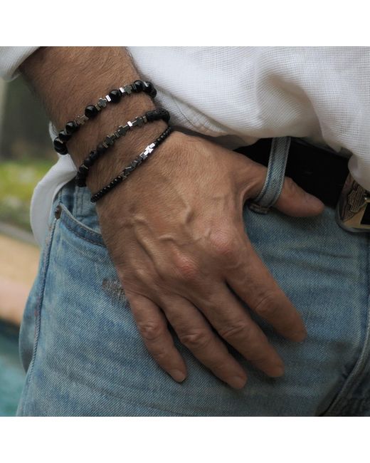 Ebru Jewelry Black Gemstone & Hematite Power Trio Bracelet Set for men