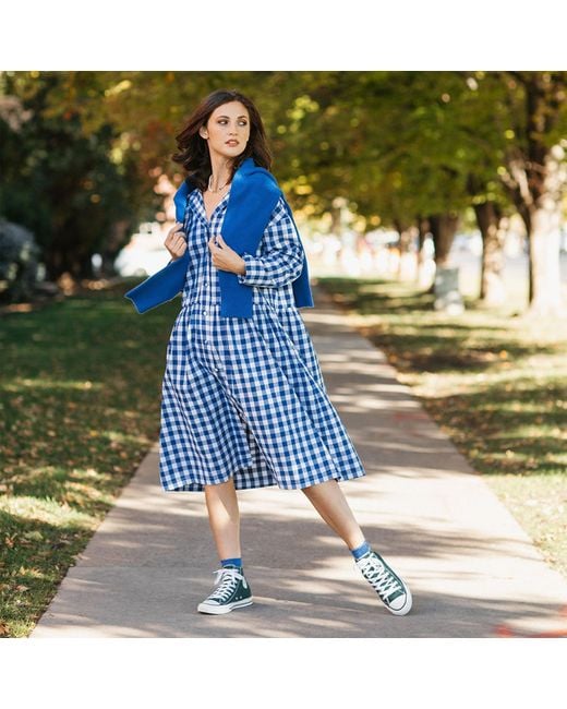Zenzee Blue Cotton Linen Gingham Shirt Dress Cobalt