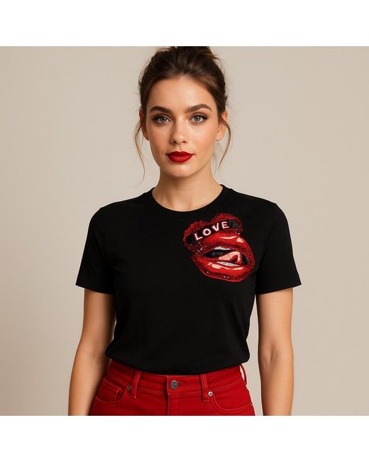House of Laines London Black Laines Couture Embellished Love Lips T-Shirt