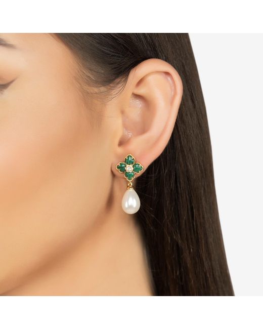 Latelita London Green Flower Clover Pearl Drop Earrings Malachite