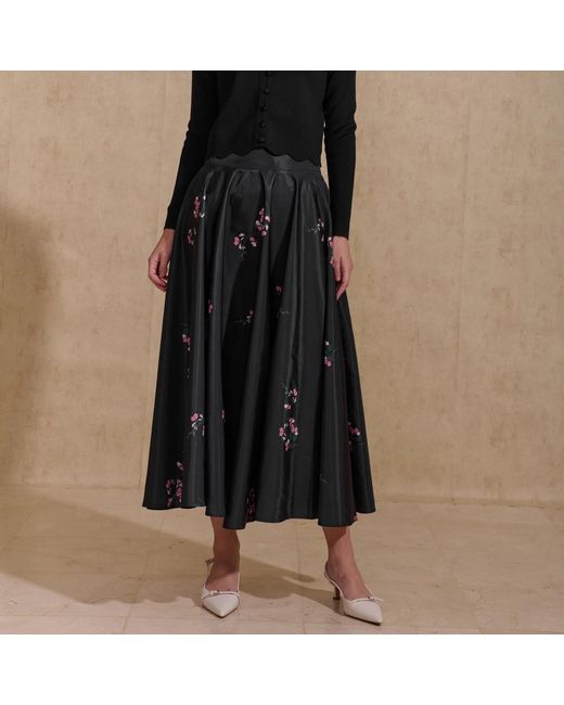 Roch Perel Gray Floral Taffeta Midi Skirt