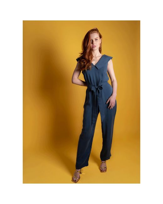 Femponiq Blue Off Shoulder Belted Vegan Jumpsuit