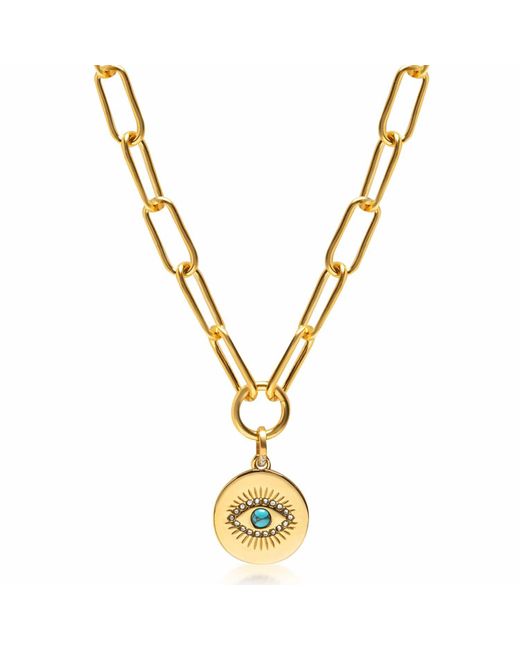 Nialaya Metallic Paperclip Chain With Evil Eye Coin for men