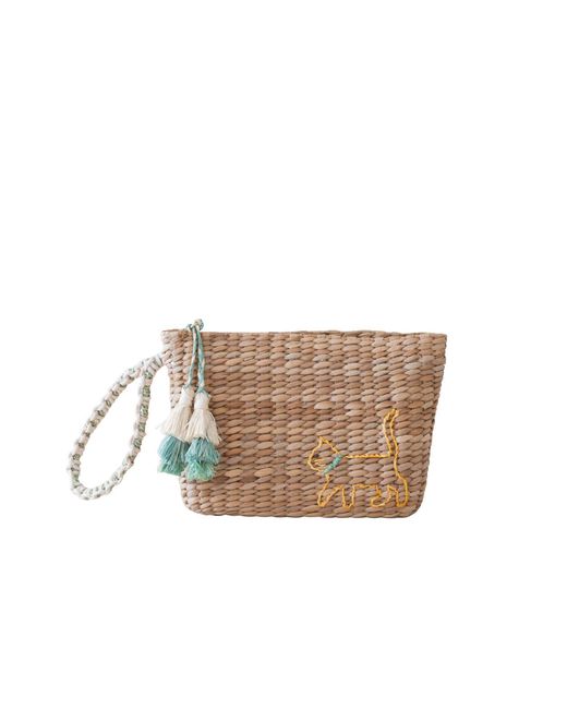 LIKHÂ Brown Neutrals Handwoven Seagrass Cat Wristlet Pouch With Tassels