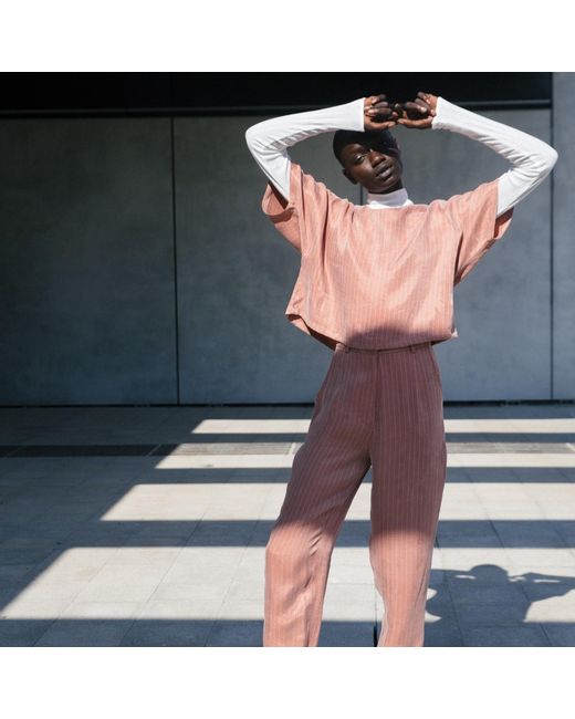 By Noa Rawitz Purple Cupro Boat Neckline Dolman Short Sleeves Top- Peach/ Light And Pinstripe