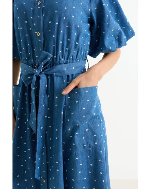 Louche Blue Lola Flower Dot Print Balloon Sleeve Shirtdress