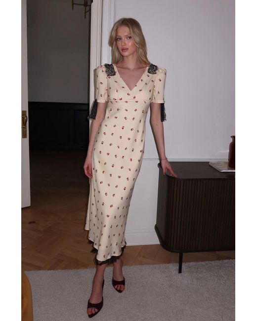 POST MERIDIEM Natural Fitted Lace Midi Dress With Short Sleeves
